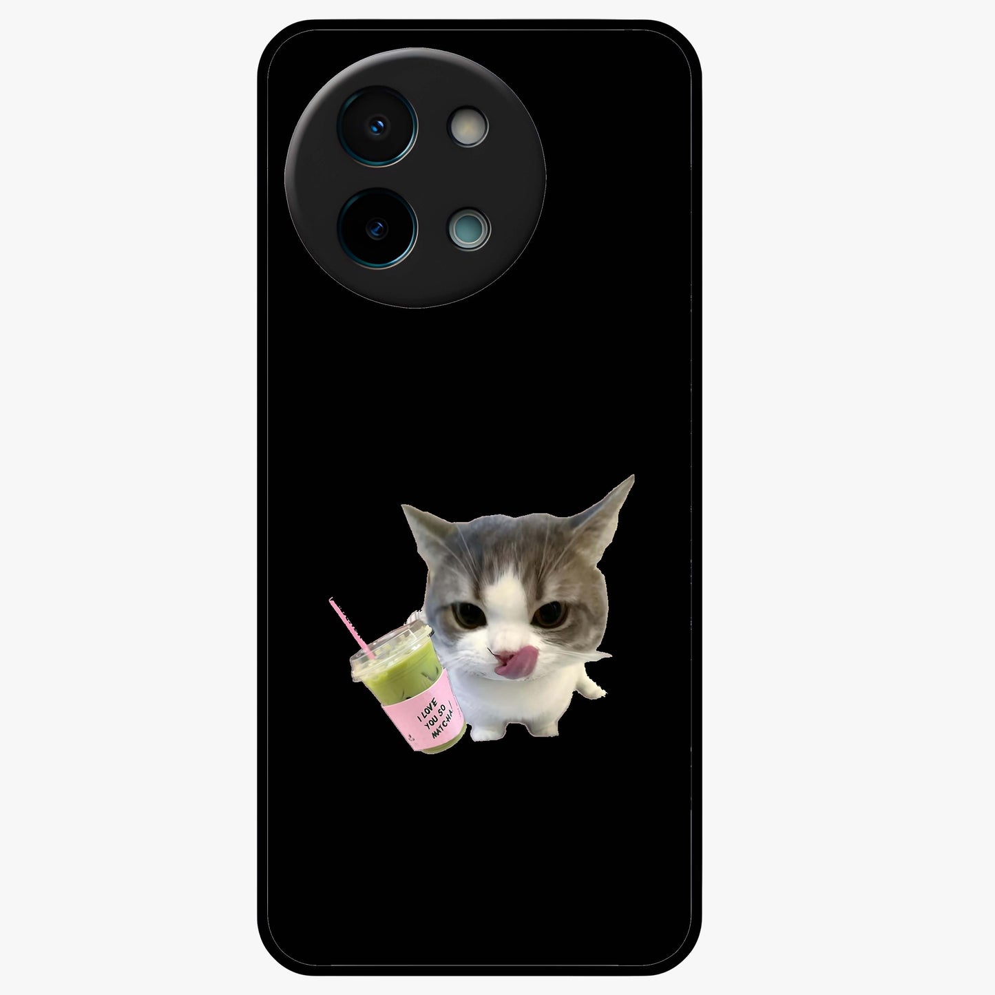Matcha Cat Style Glass Case showing flat back view with cute matcha themed cat artwork and glossy glass finish.