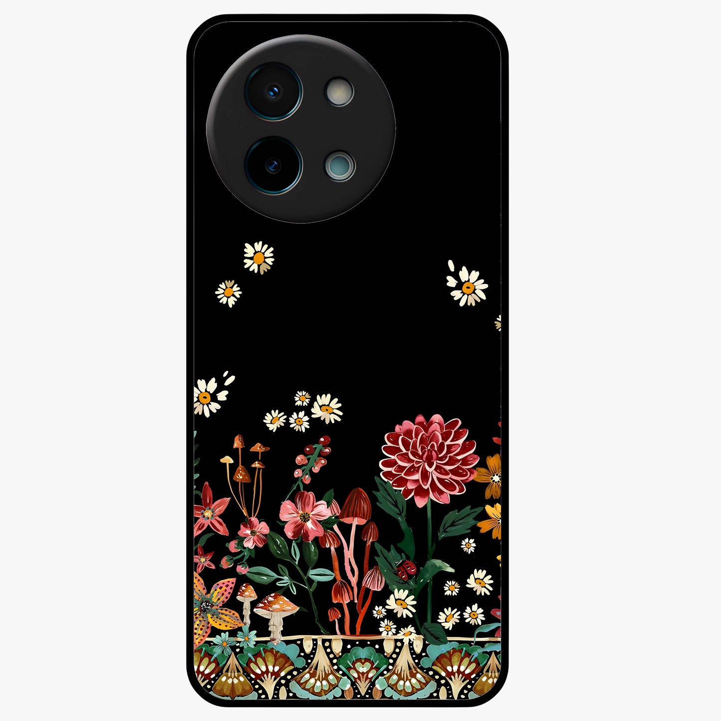 Midnight Bloom Pattern Glass Case showing flat back view with dark floral pattern artwork and glossy glass finish.