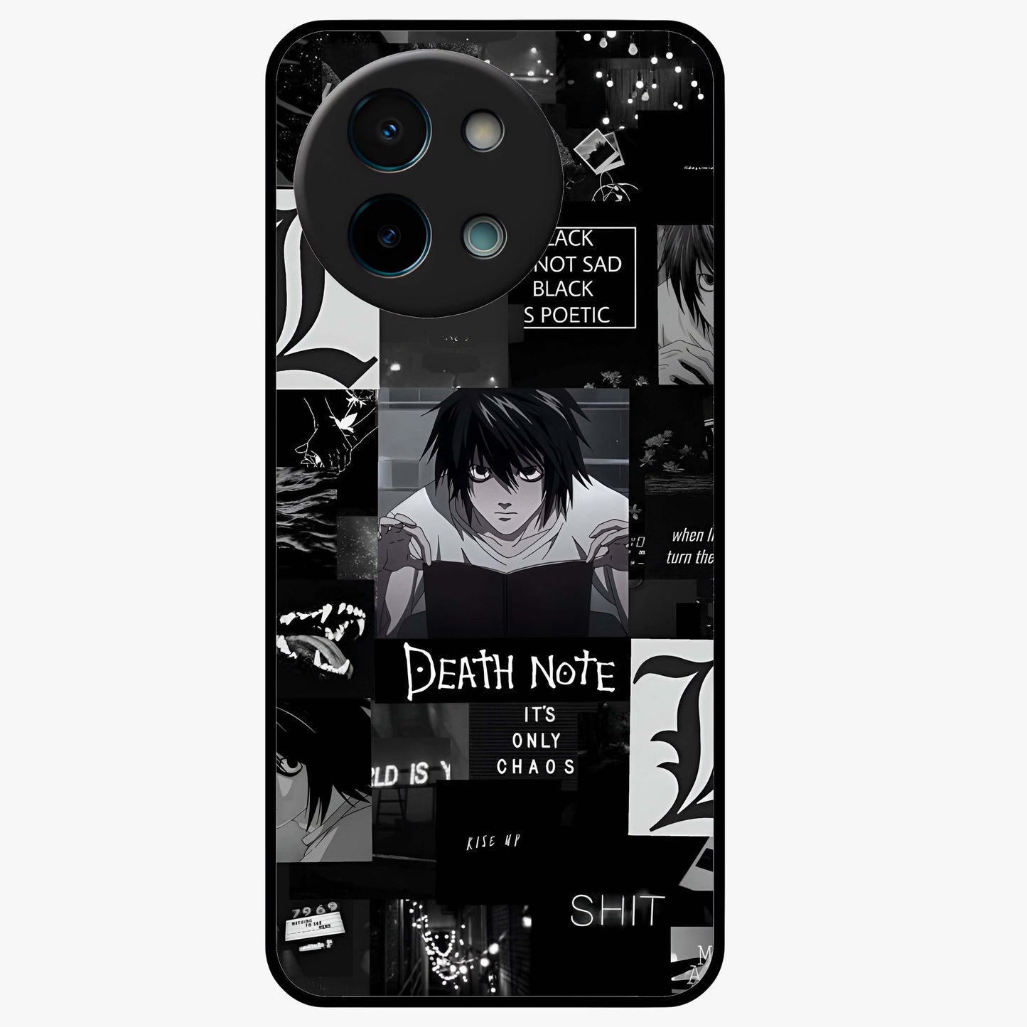 Midnight Chaos Mind Glass Case showing flat back view with abstract dark themed artwork and glossy glass finish.