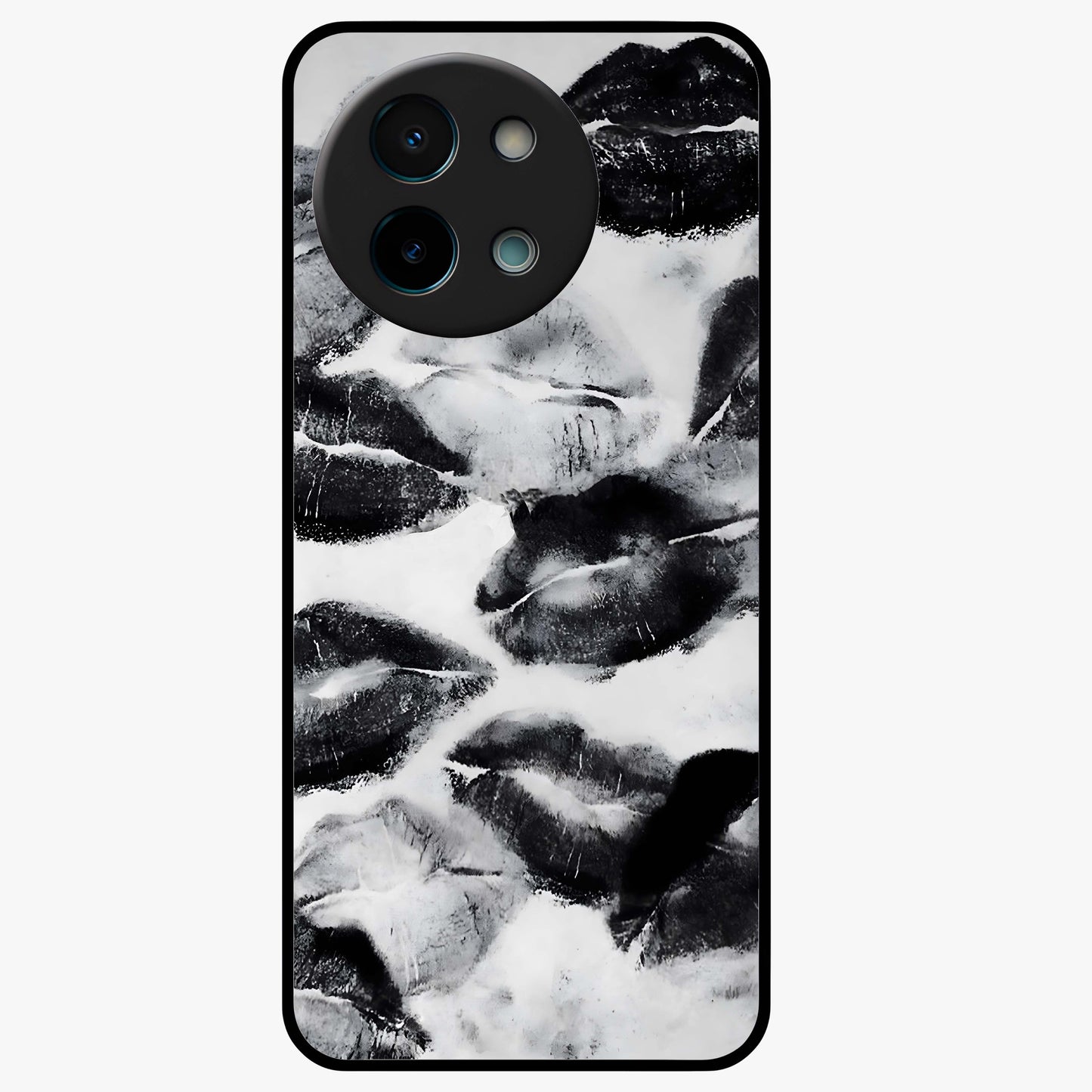 Midnight Kiss Marks Glass Case showing flat back view with lipstick kiss mark artwork and glossy glass finish.
