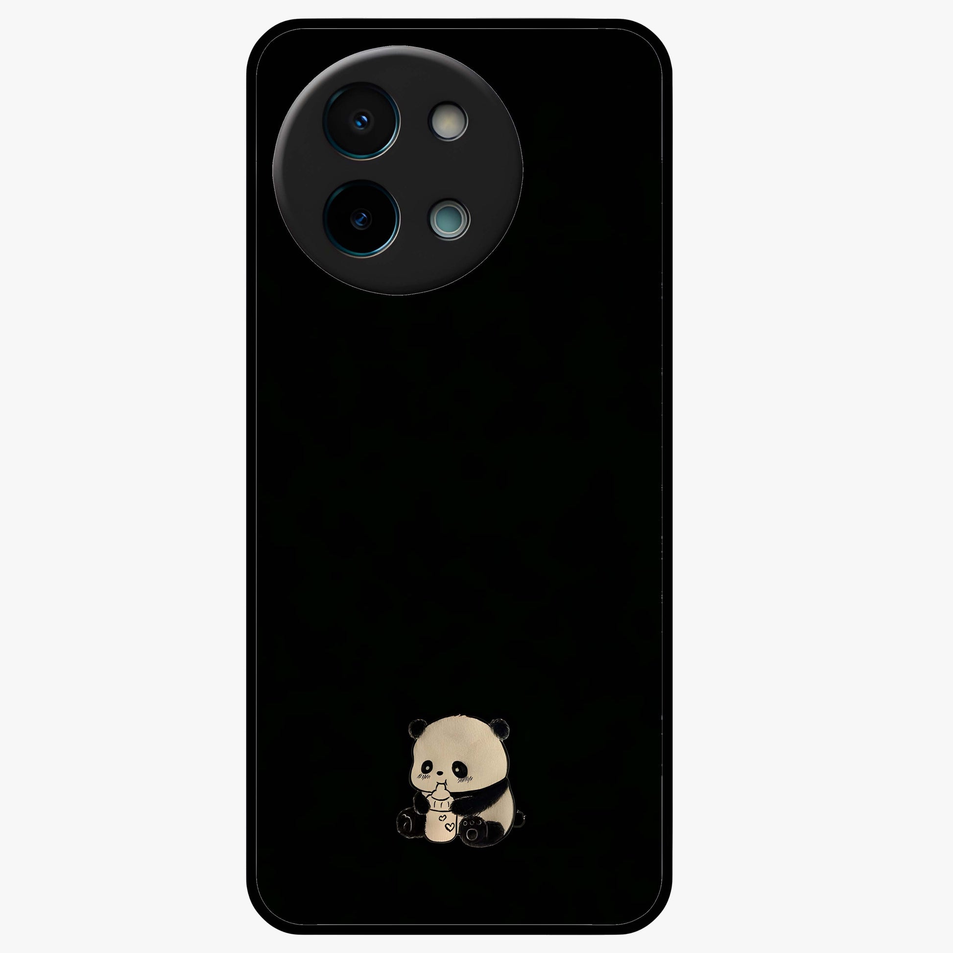 Midnight Panda Love Glass Case showing flat back view with cute panda themed artwork and glossy glass finish.