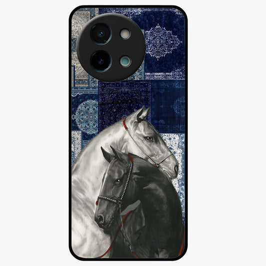 Midnight Stallion Blues Glass Case showing flat back view with majestic horse artwork and glossy glass finish.
