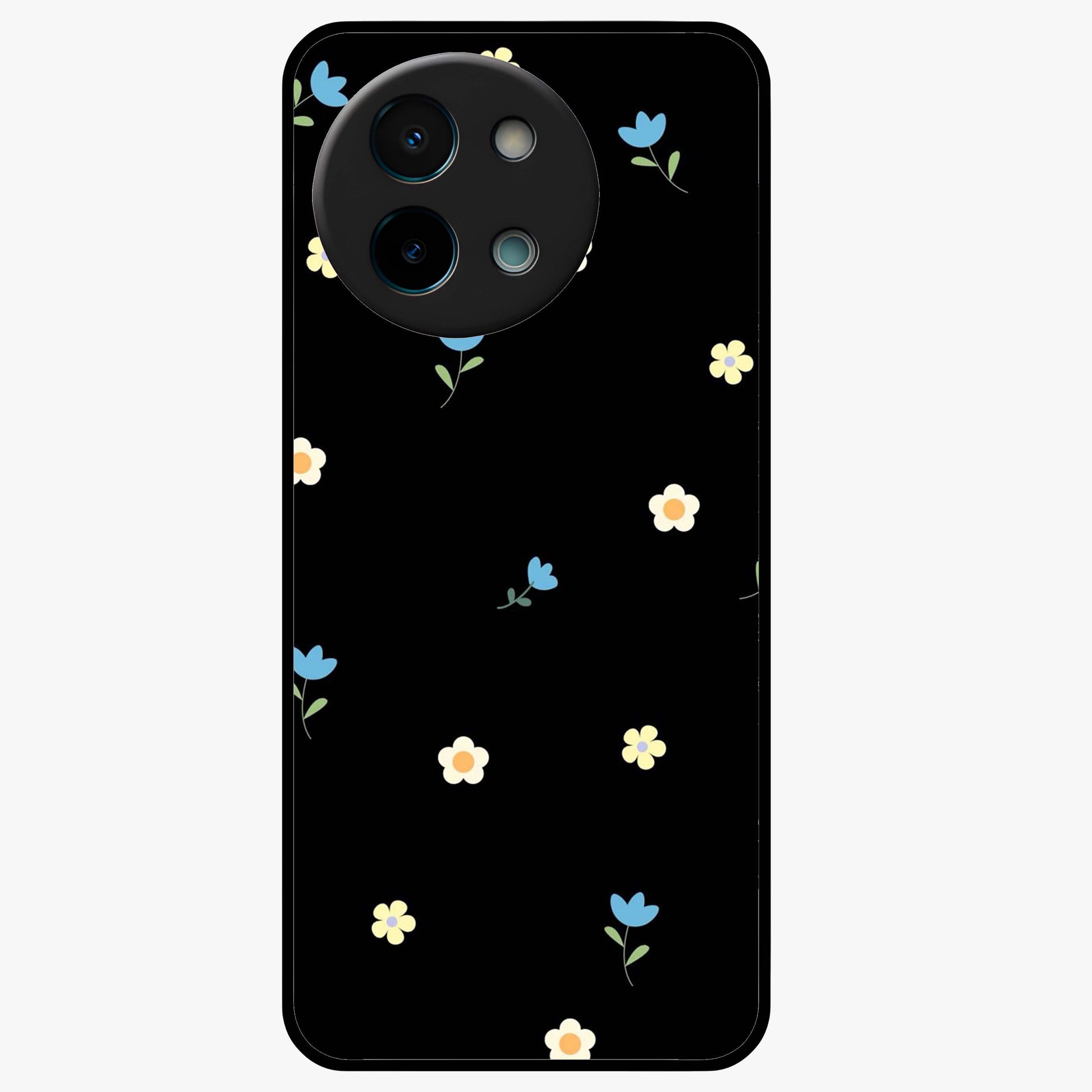 Minimalistic Blue With White Flower Pattern Glass Case showing flat back view with blue background and white flower pattern and glossy glass finish.