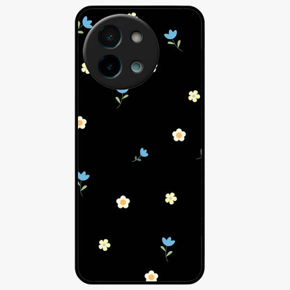 Minimalistic Blue With White Flower Pattern Glass Case showing flat back view with blue background and white flower pattern and glossy glass finish.