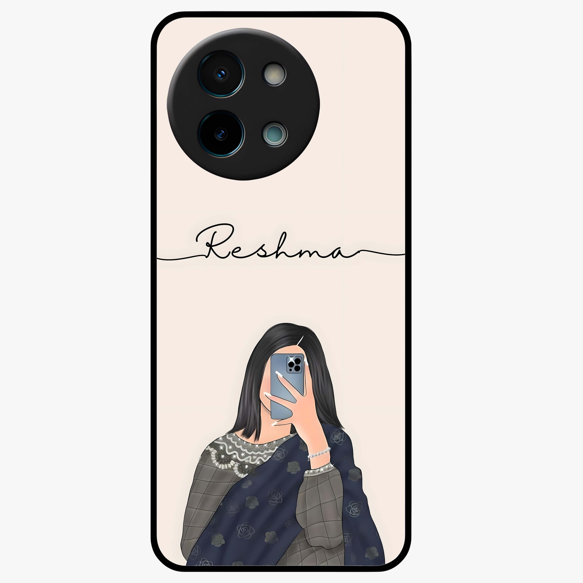 Mirror Mood Muse With Custom Name Glass Case showing flat back view with stylish mirrored artwork and personalized name design.