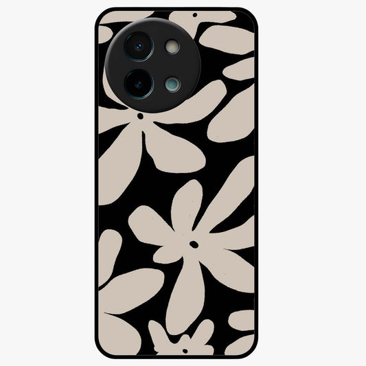 Monochrome Petal Dance Glass Case showing flat back view with monochrome floral artwork and glossy glass finish.
