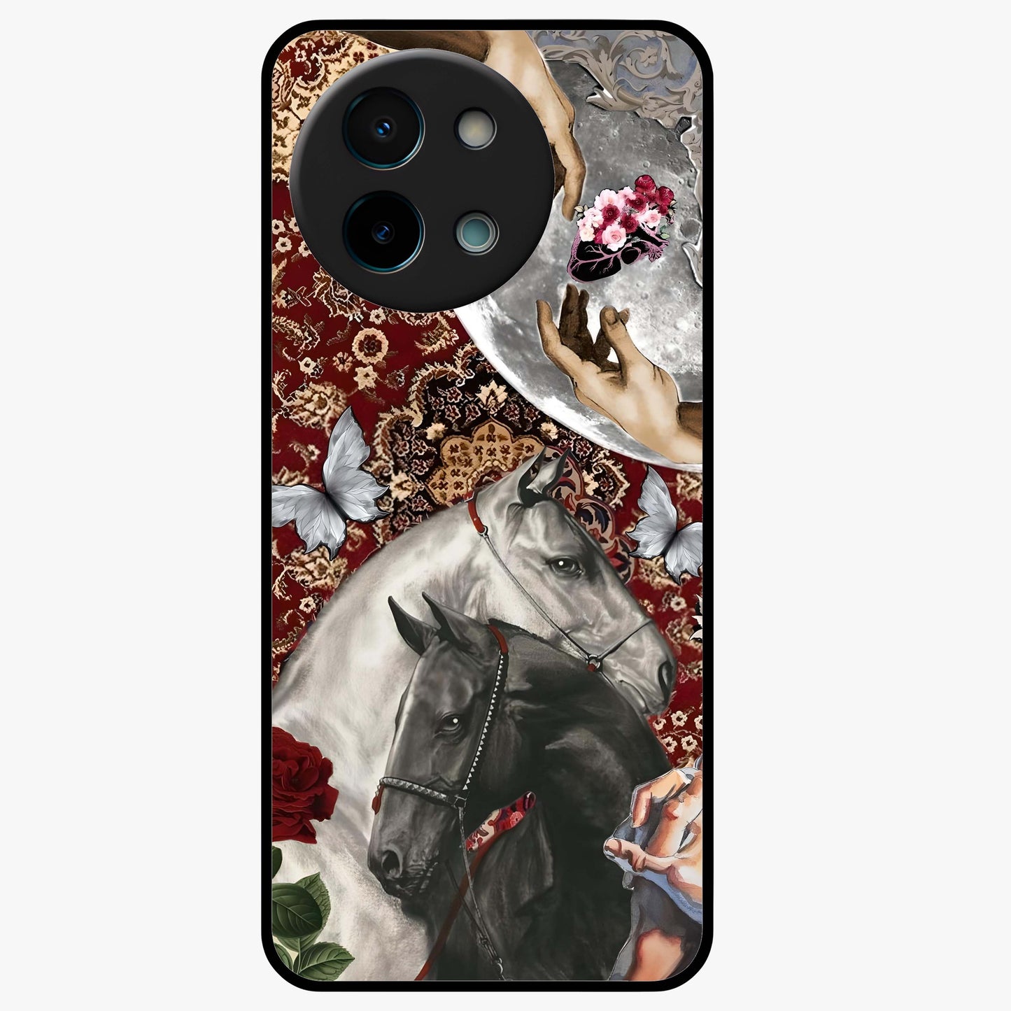 Moonlit Royal Stallion Glass Case showing flat back view with majestic horse under moonlight artwork and glossy glass finish.