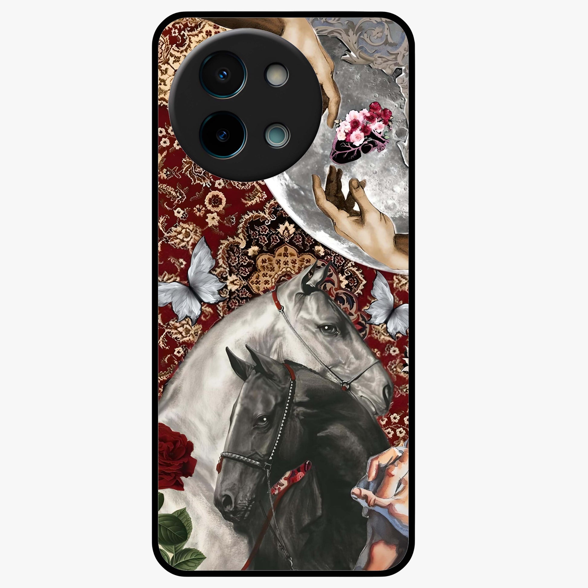 Moonlit Royal Stallion Glass Case showing flat back view with majestic horse under moonlight artwork and glossy glass finish.