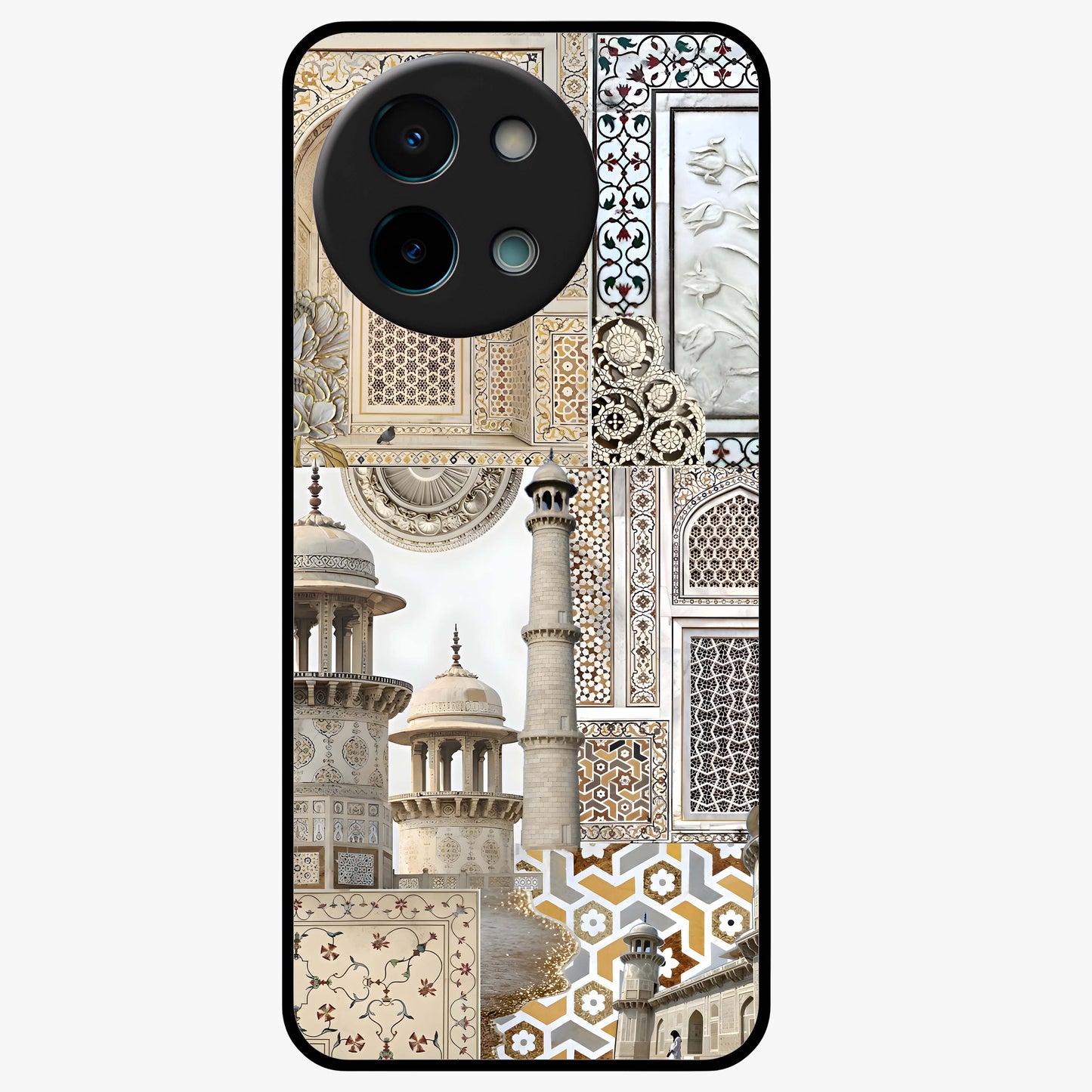 Mughal Marble Legacy Glass Case showing flat back view with intricate Mughal inspired marble pattern and glossy glass finish.