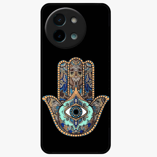 Mystic Hamsa Eye Glass Case showing flat back view with protective hamsa hand and evil eye artwork and glossy glass finish.