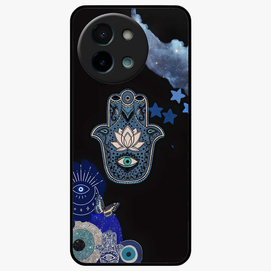 Mystic Hand Aura Glass Case showing flat back view with mystical hand symbol artwork and glossy glass finish.