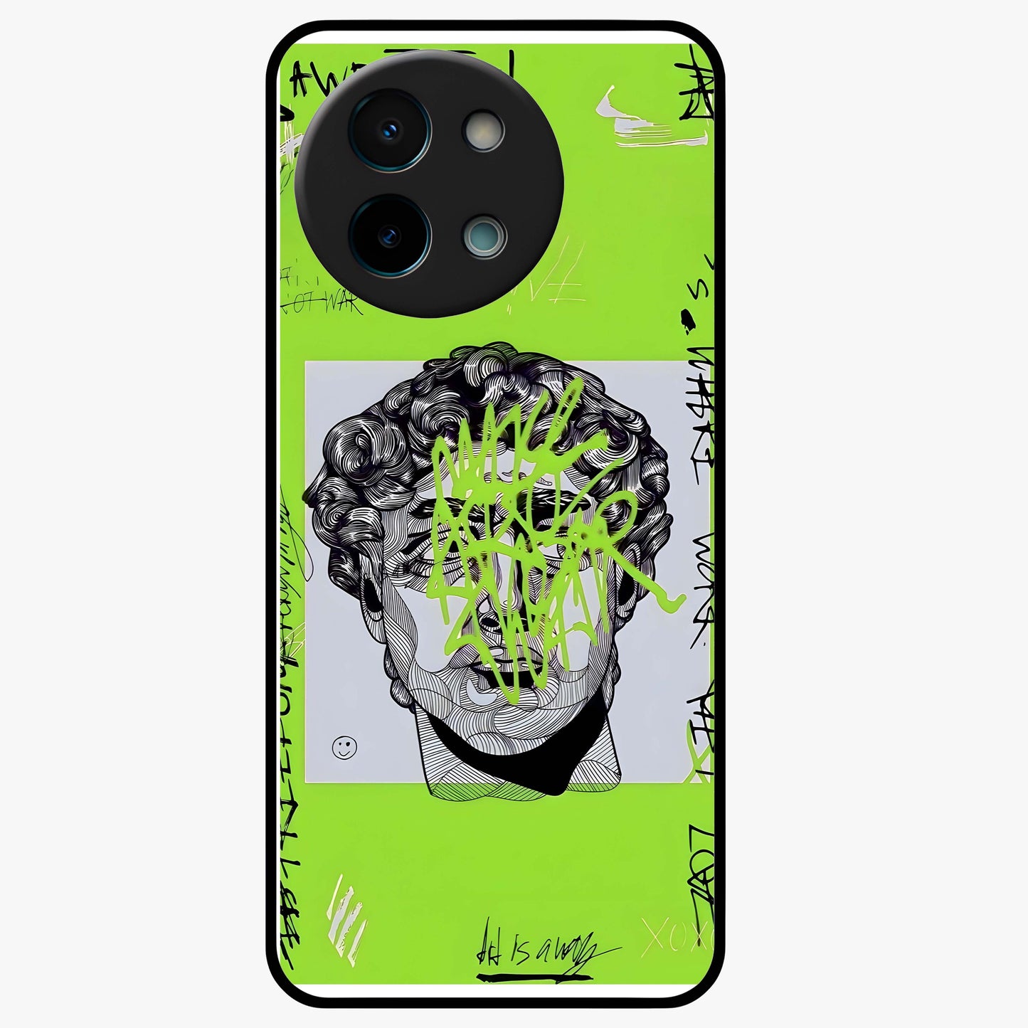 Neo Graffiti Rebellion Glass Case showing flat back view with vibrant graffiti artwork and glossy glass finish.