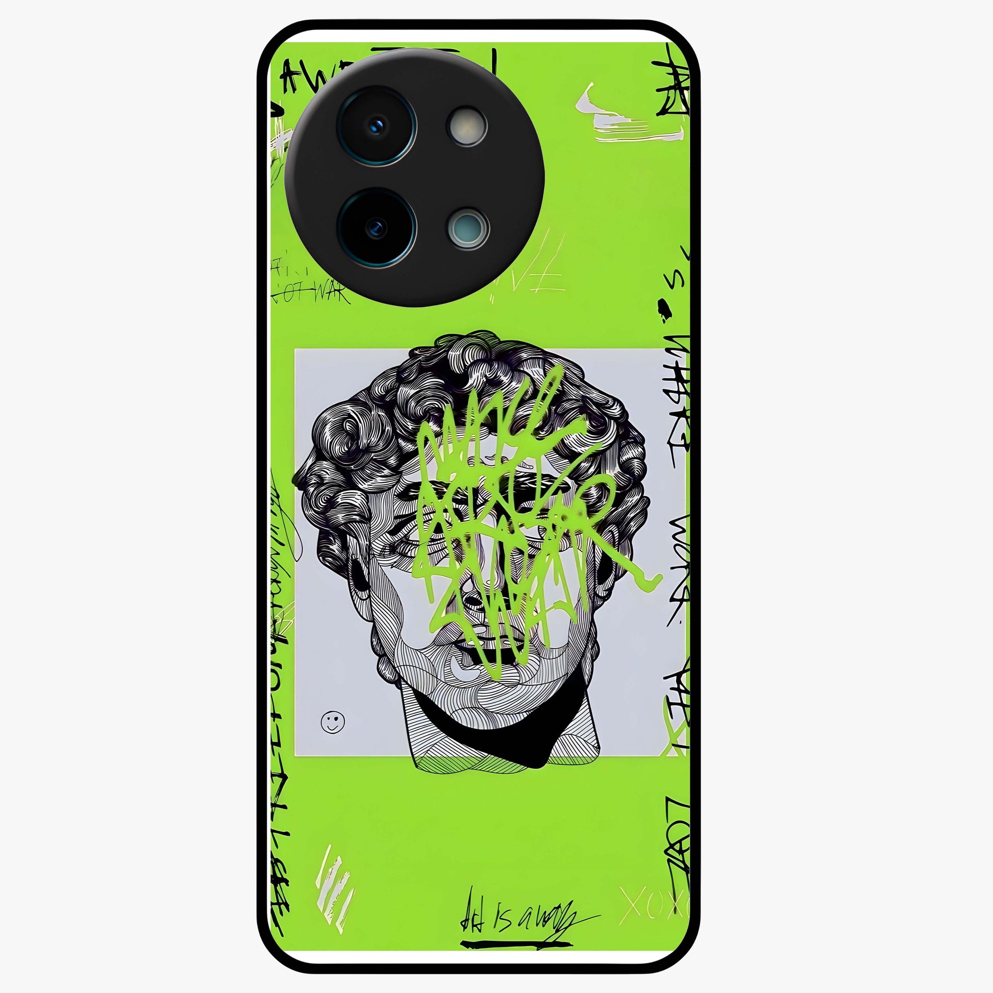 Neo Graffiti Rebellion Glass Case showing flat back view with vibrant graffiti artwork and glossy glass finish.