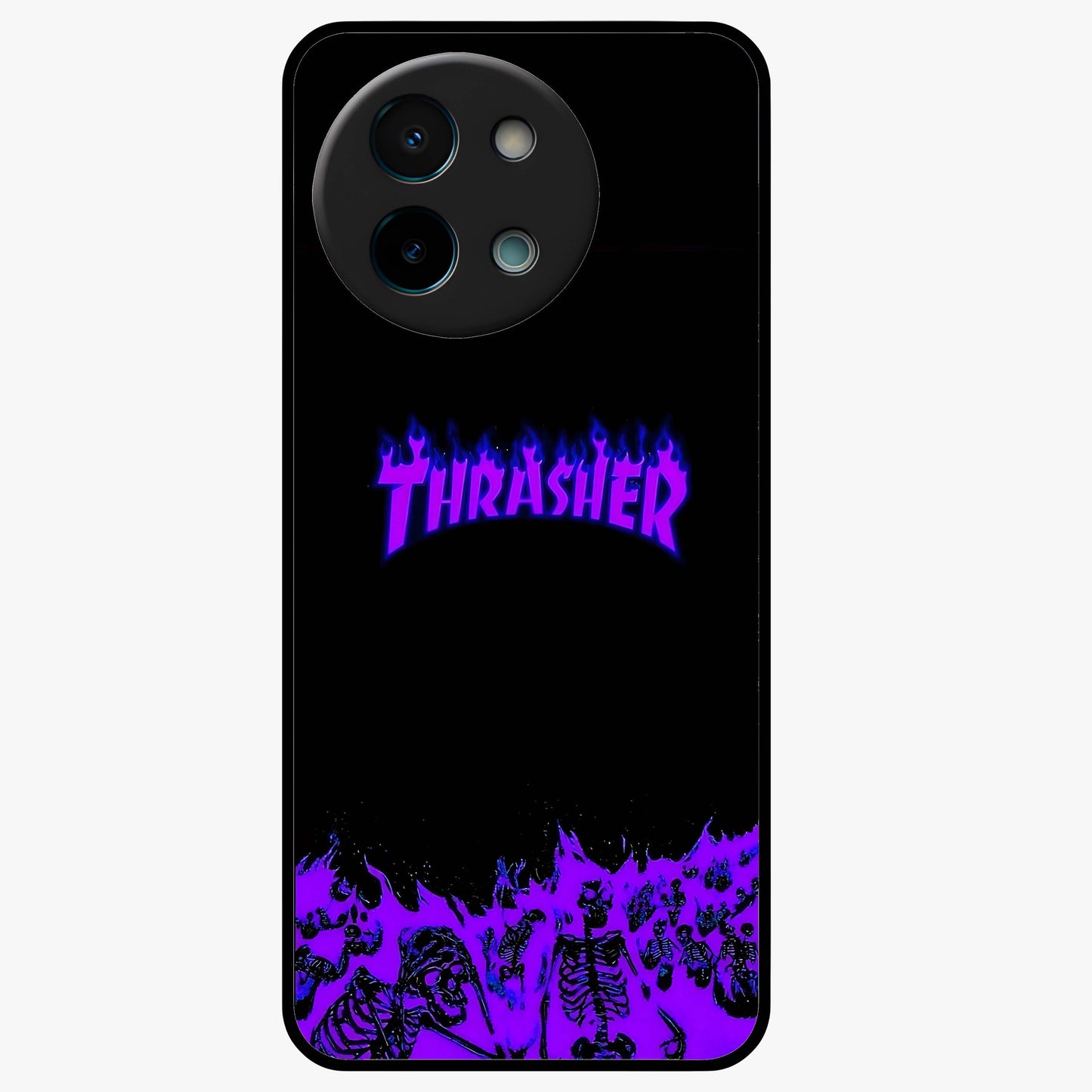 Neon Flame Riot Glass Case showing flat back view with neon flame artwork and glossy glass finish.