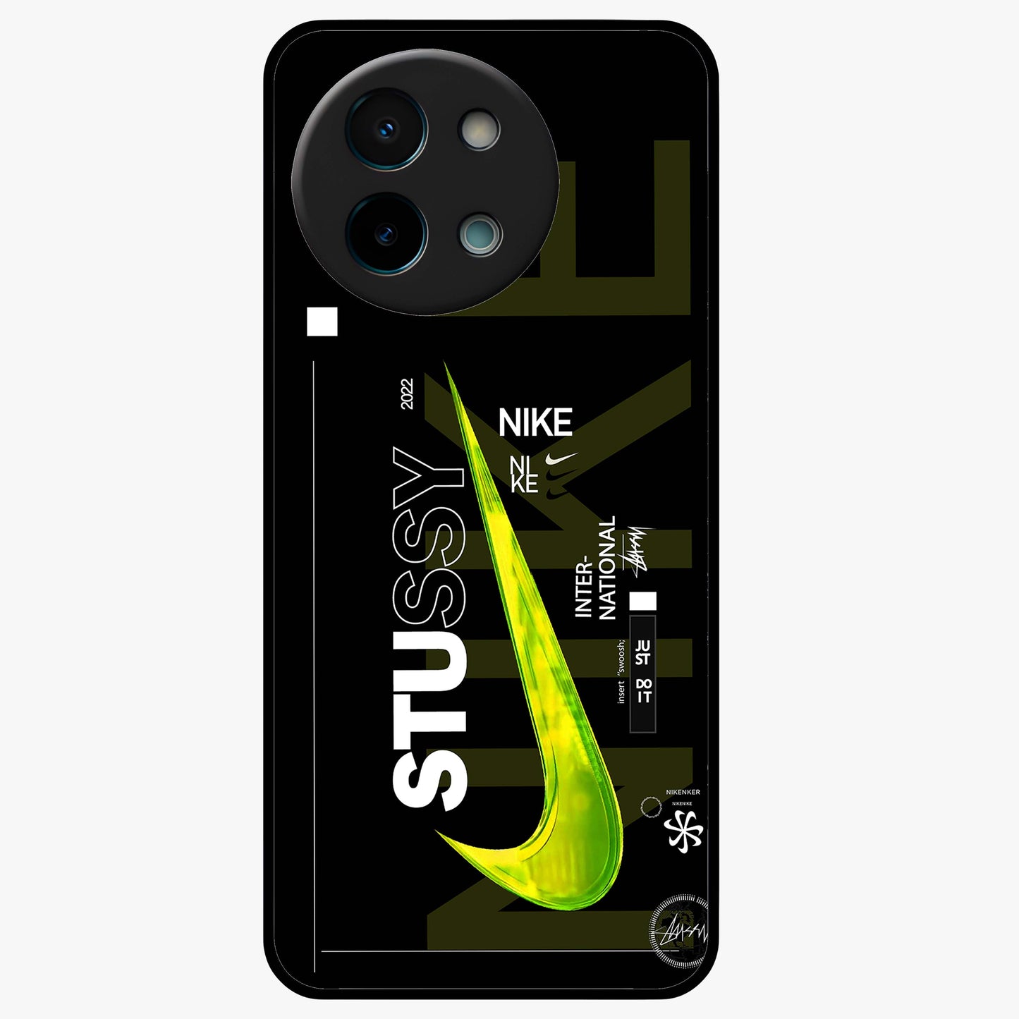 Neon Street Edition Glass Case showing flat back view with neon street style artwork and glossy glass finish.