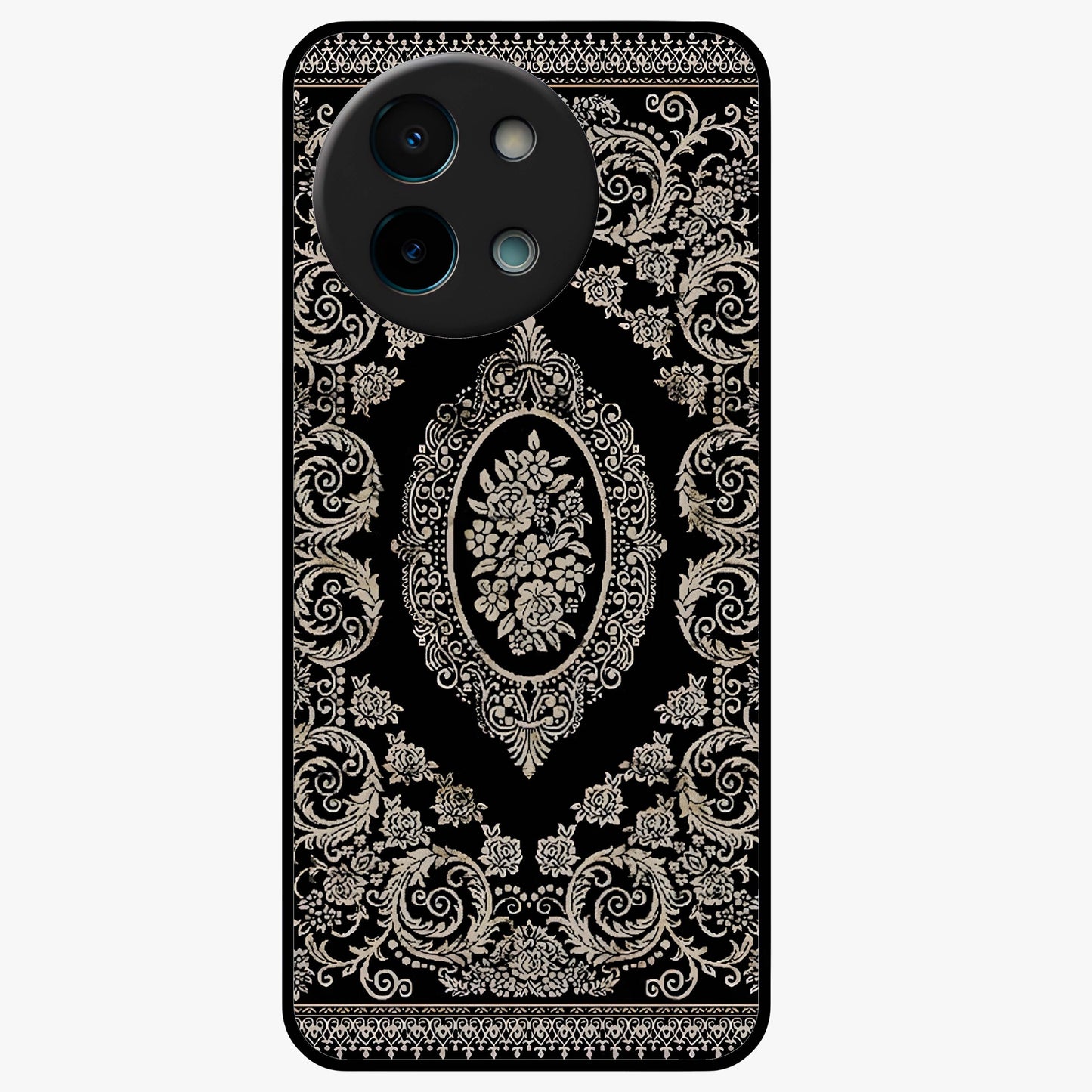 Noir Bloom Elegance Glass Case showing flat back view with elegant dark floral artwork and glossy glass finish.