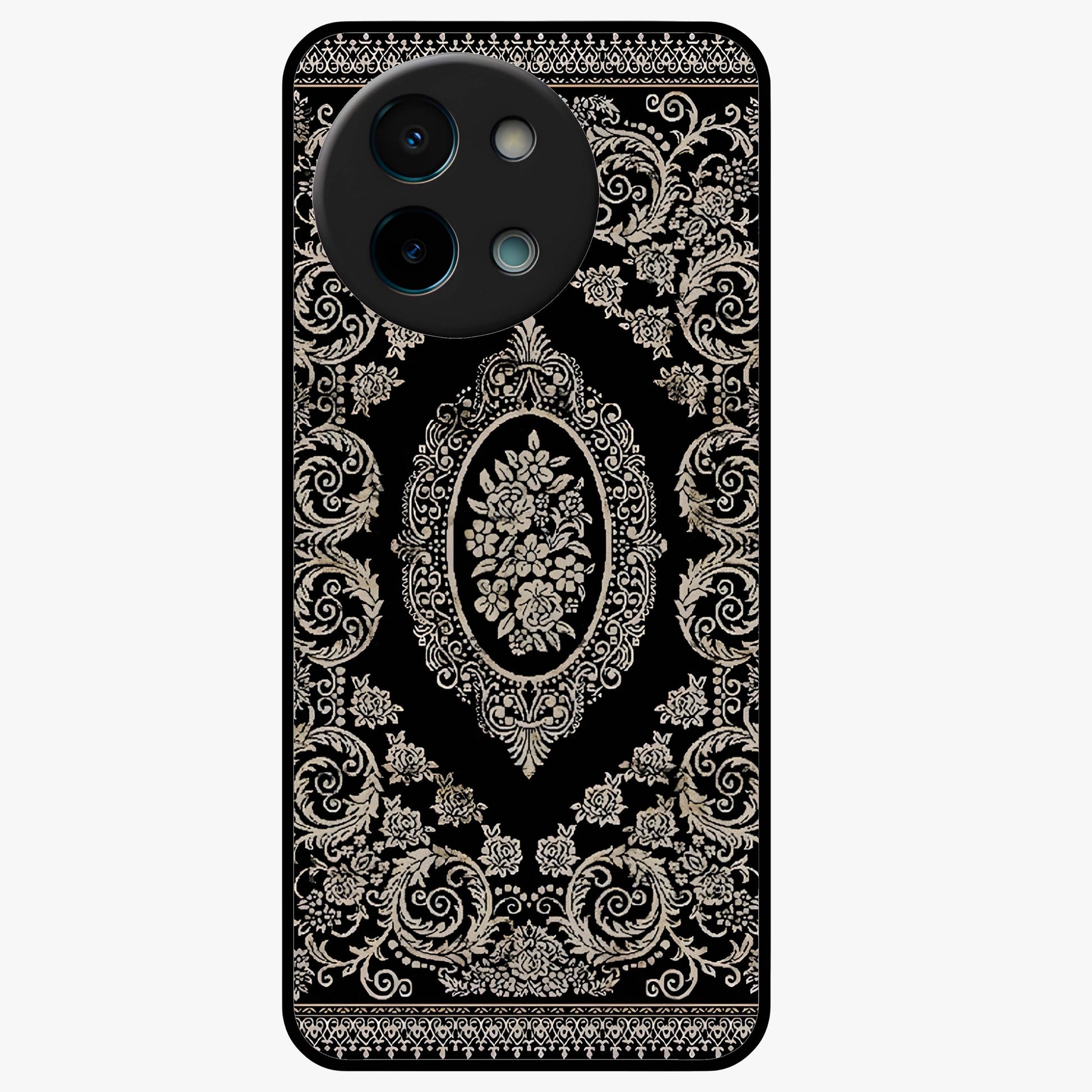 Noir Bloom Elegance Glass Case showing flat back view with elegant dark floral artwork and glossy glass finish.