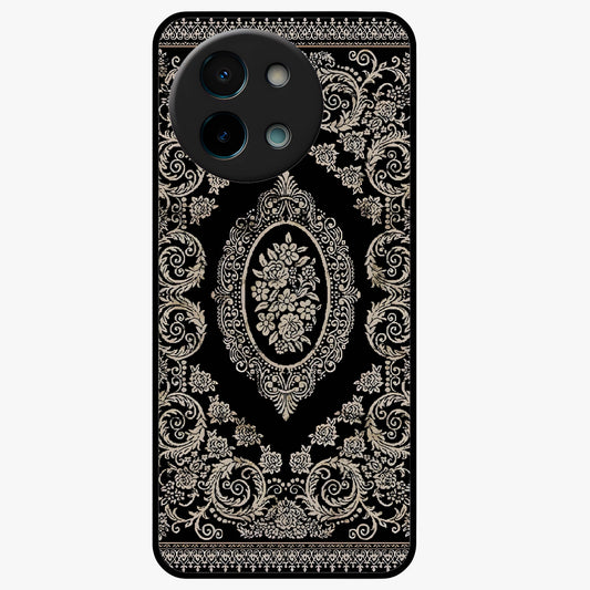 Noir Bloom Elegance Glass Case showing flat back view with elegant dark floral artwork and glossy glass finish.
