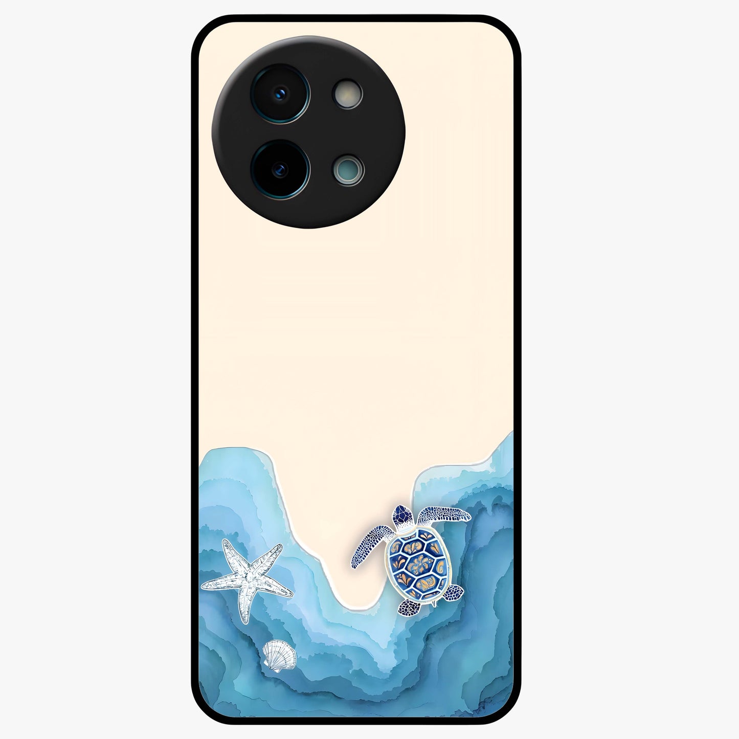 Ocean Drift Turtle Glass Case showing flat back view with sea turtle artwork and glossy glass finish.