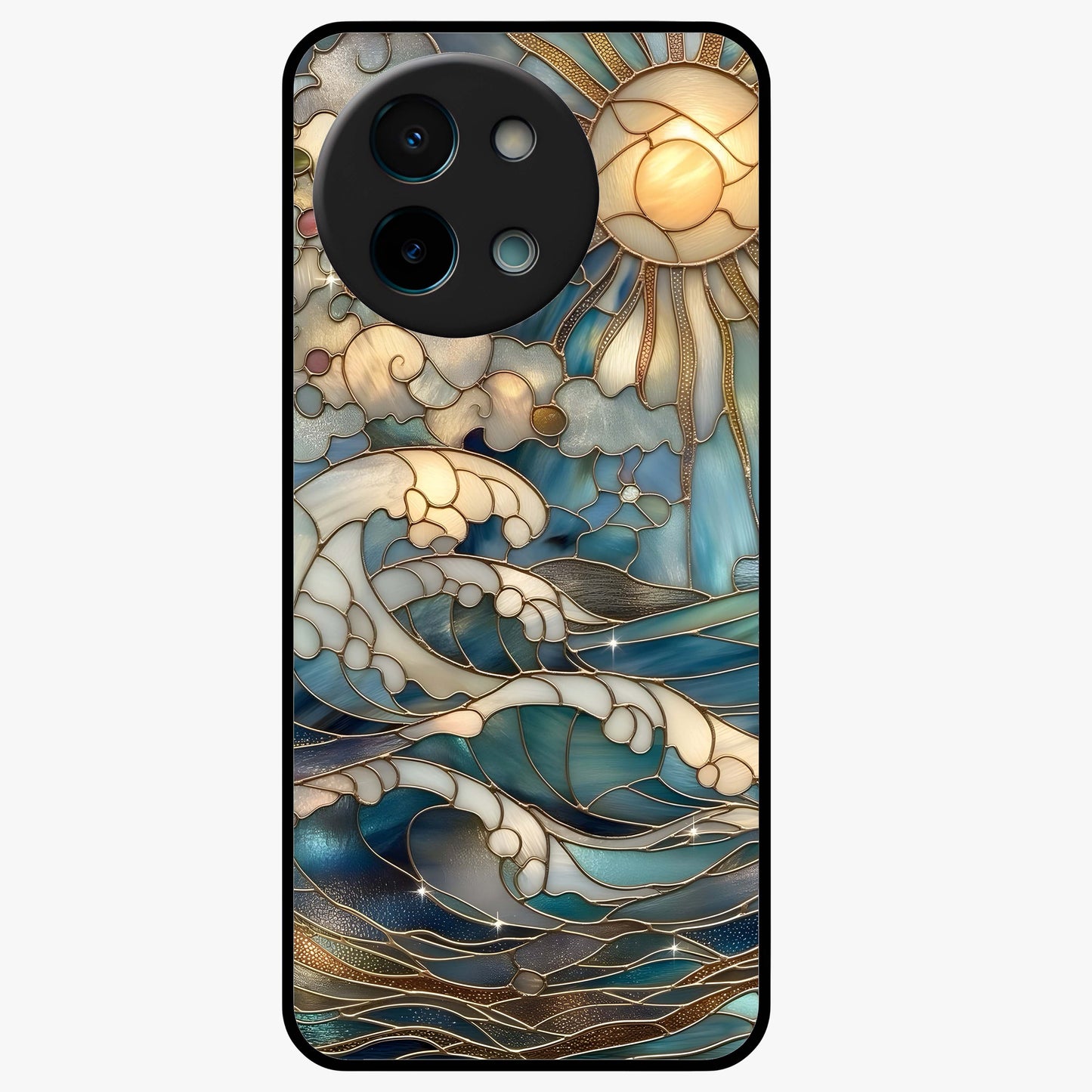 Oceanic Stained Printed Glass Case showing flat back view with ocean inspired stained pattern artwork and glossy glass finish.