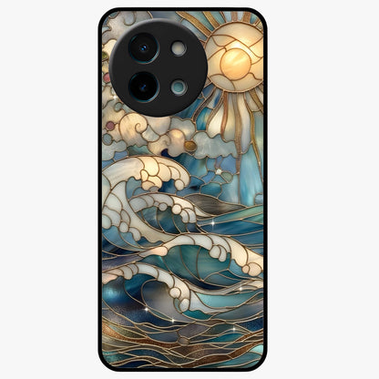Oceanic Stained Printed Glass Case showing flat back view with ocean inspired stained pattern artwork and glossy glass finish.