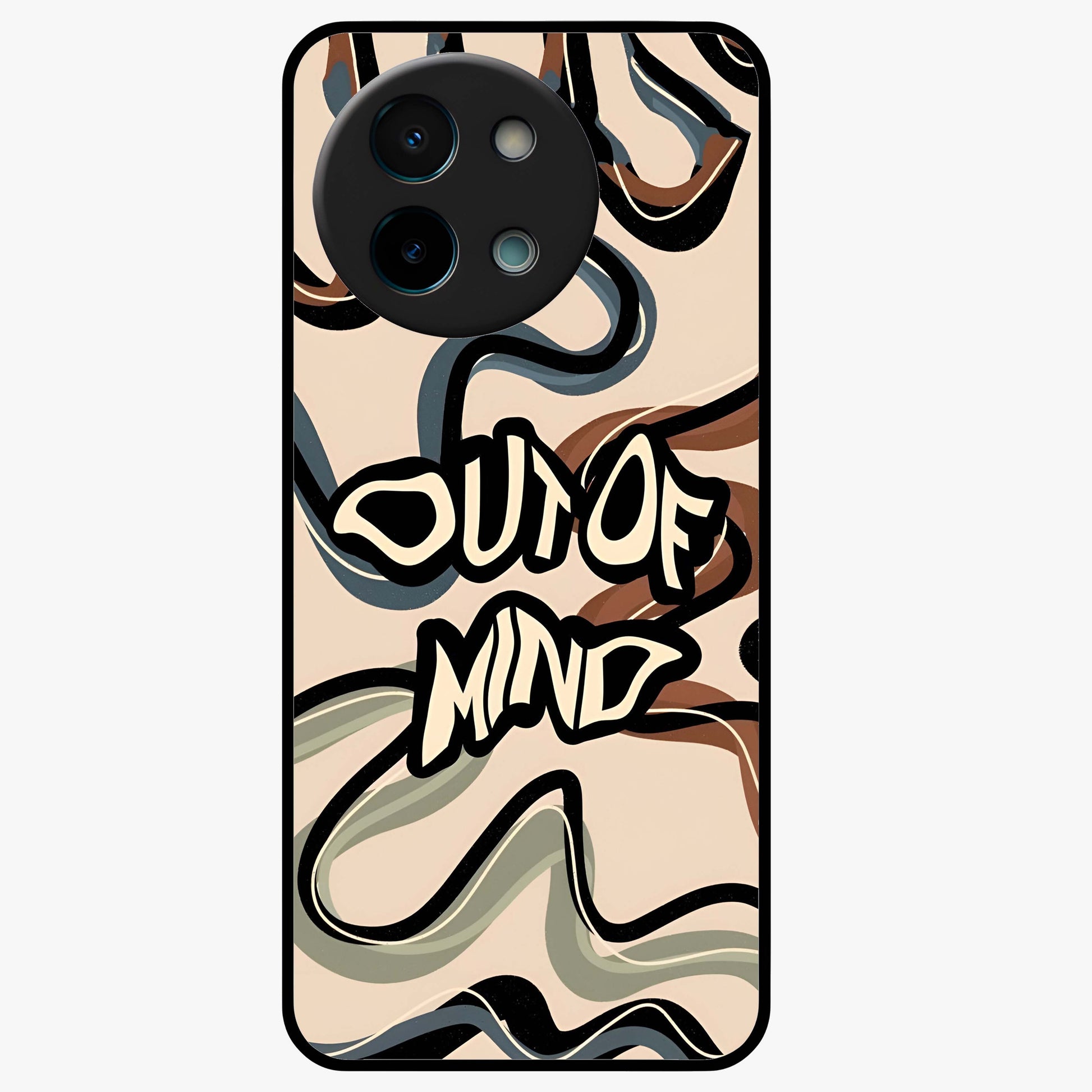 Out Of Mind Glass Case showing flat back view with expressive typography artwork and glossy glass finish.