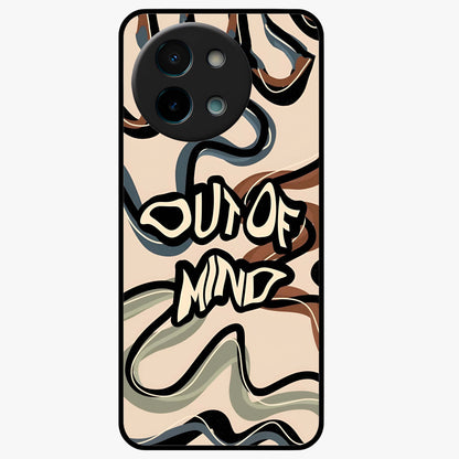 Out Of Mind Glass Case showing flat back view with expressive typography artwork and glossy glass finish.