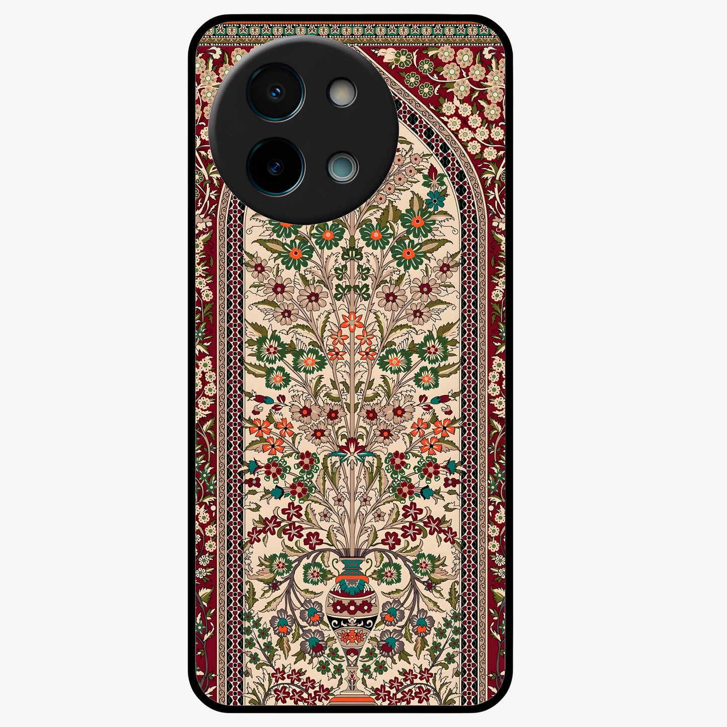Persian Inspired Glass Case showing flat back view with ornate Persian style pattern artwork and glossy glass finish.