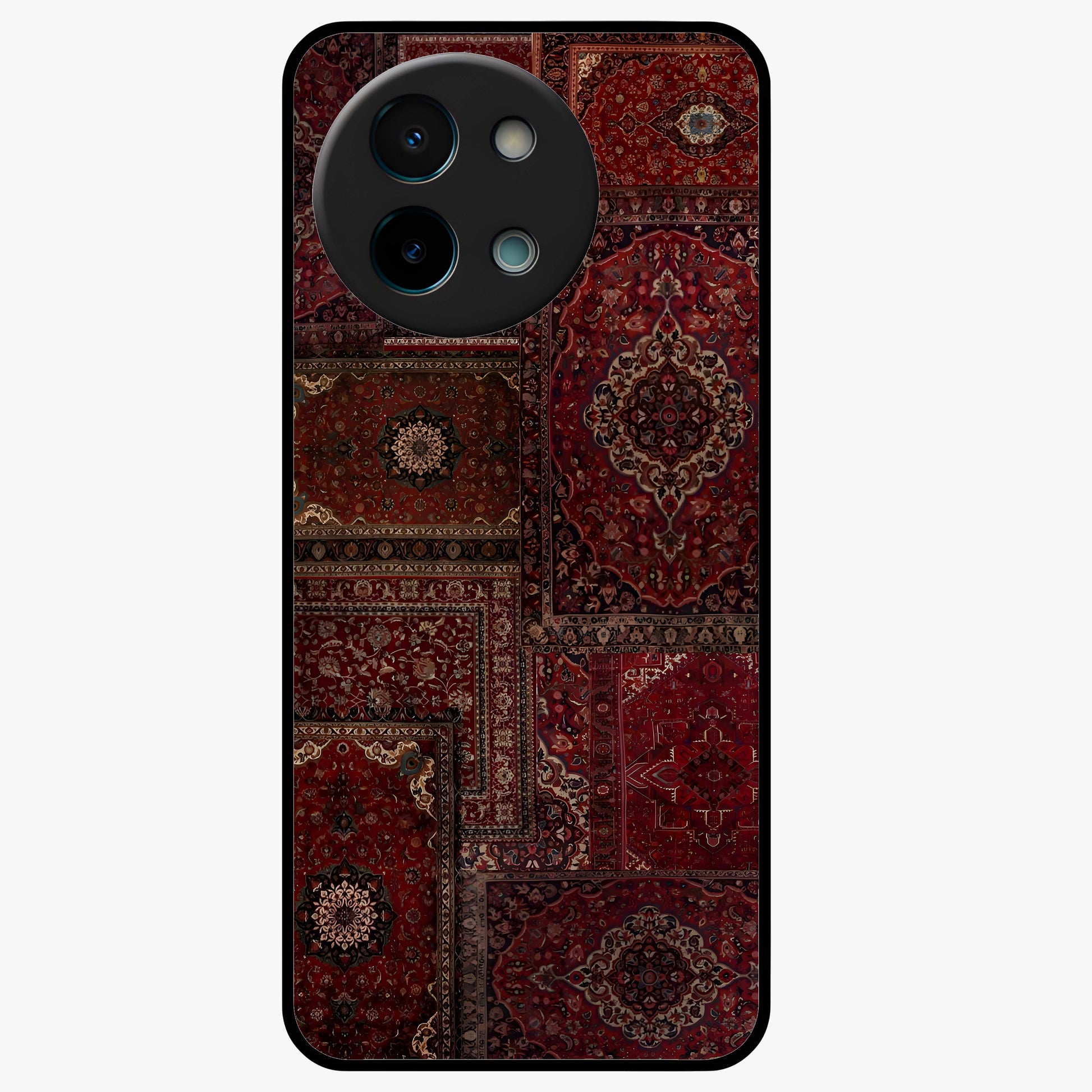 Persian Velvet Tale Glass Case showing flat back view with luxurious Persian velvet pattern artwork and glossy glass finish.