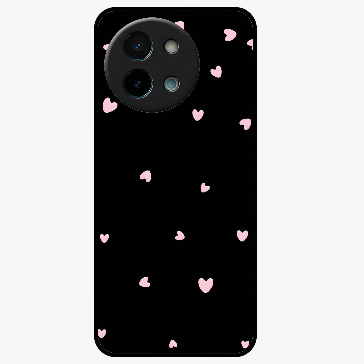 Pink Love Drops Glass Case showing flat back view with playful pink heart drops artwork and glossy glass finish.