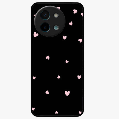 Pink Love Drops Glass Case showing flat back view with playful pink heart drops artwork and glossy glass finish.