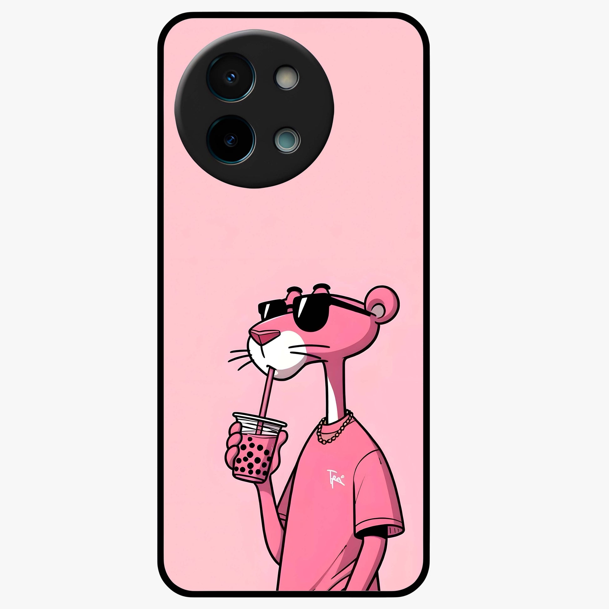 Pink Panther Glass Case showing flat back view with iconic pink panther artwork and glossy glass finish.