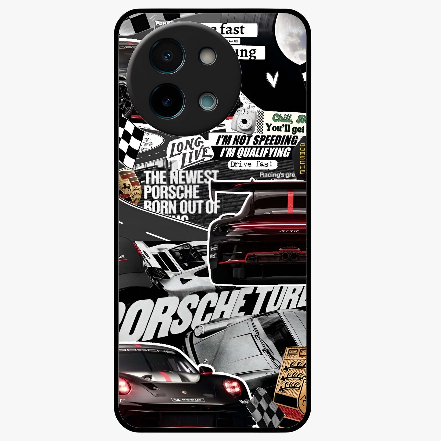 Porsche Racing Collage Glass Case showing flat back view with sports car racing collage artwork and glossy glass finish.