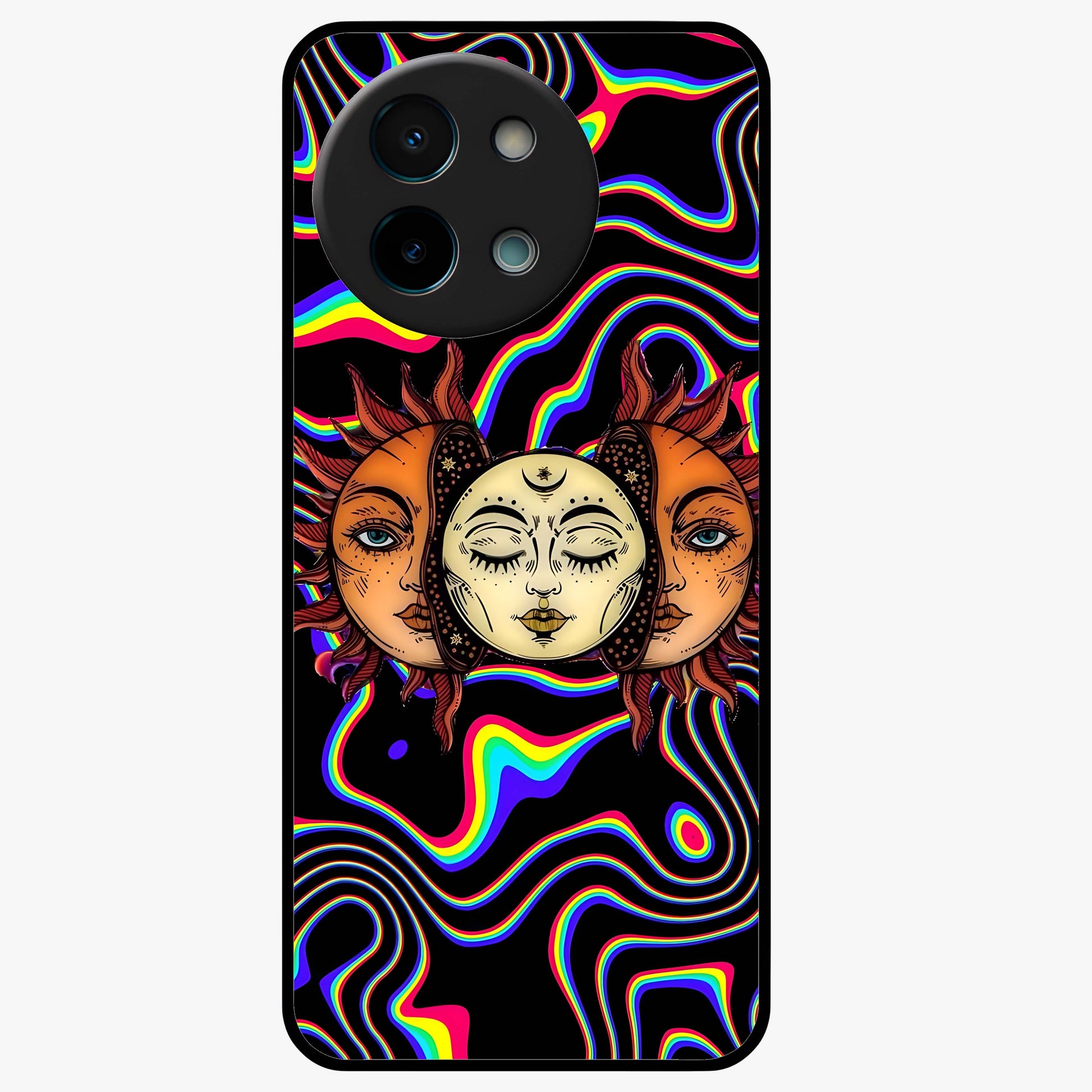 Psychedelic Sun Glass Case showing flat back view with colorful psychedelic sun artwork and glossy glass finish.