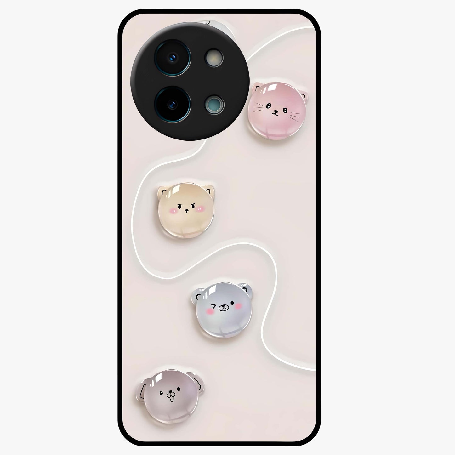 Puffy Face Parade Glass Case showing flat back view with cute puffy character faces artwork and glossy glass finish.