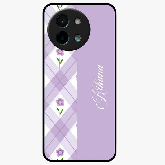 Purple Diamond Floral Glass Case showing flat back view with diamond shaped floral artwork and glossy glass finish.