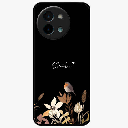 Quiet Garden Tune Custom Name Glass Case showing flat back view with peaceful garden artwork and personalized name design.