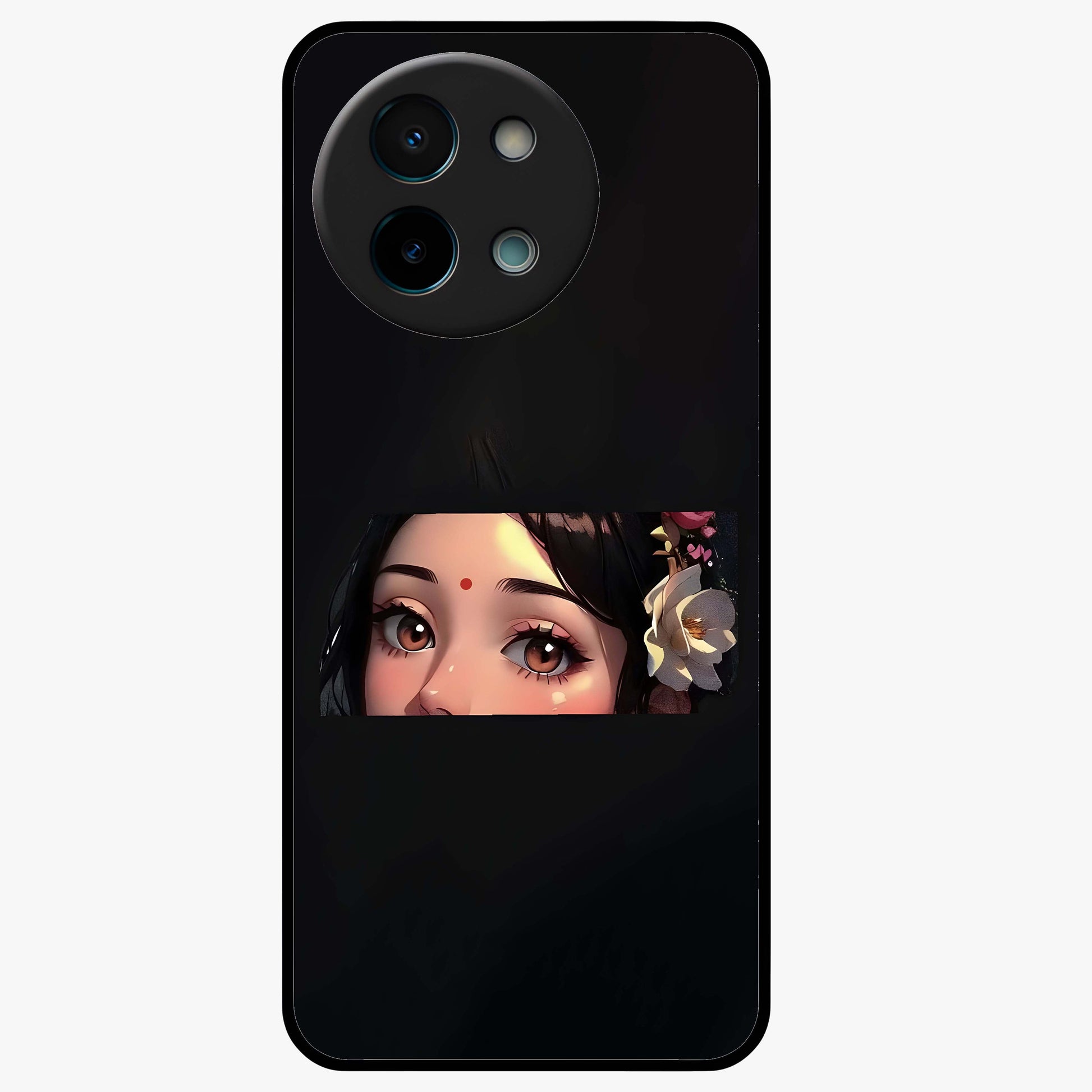 Radha Divine Embrace Glass Case showing flat back view with devotional Radha artwork and glossy glass finish.