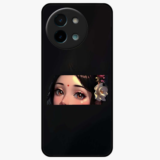 Radha Divine Embrace Glass Case showing flat back view with devotional Radha artwork and glossy glass finish.