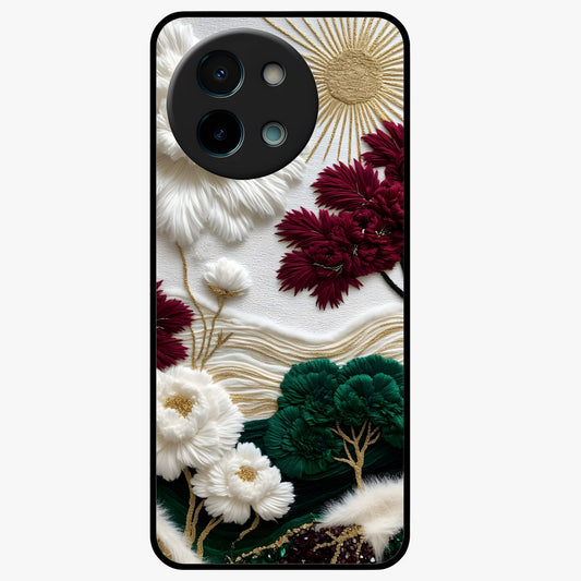 Radiant Bloom Elegance Glass Case showing flat back view with elegant blooming flower artwork and glossy glass finish.
