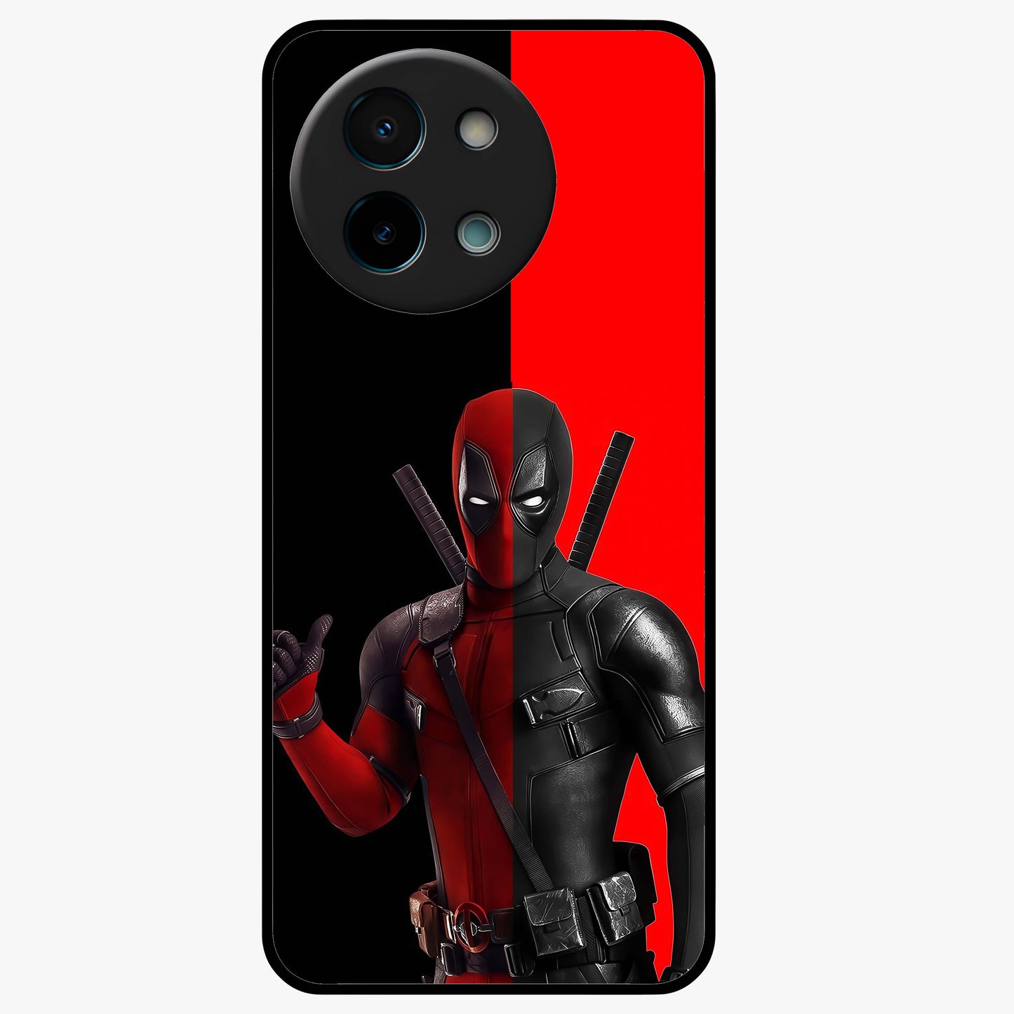Red & Black Deadpool Theme Glass Case showing flat back view with bold comic inspired artwork and glossy glass finish.