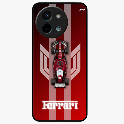 Red Ferrari F1 Vertical Glass Case showing flat back view with sleek Formula racing car artwork and glossy glass finish.