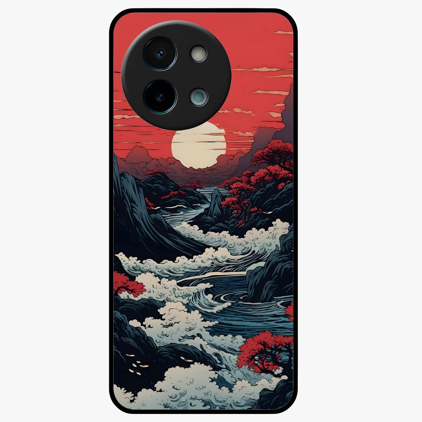 Red Sunset Scenery Glass Case showing flat back view with vibrant sunset landscape artwork and glossy glass finish.