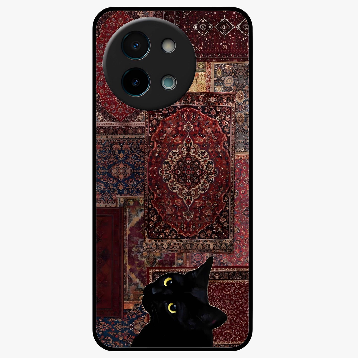 Regal Magic Cat Apple Glass Case showing flat back view with magical cat artwork holding apple and glossy glass finish.