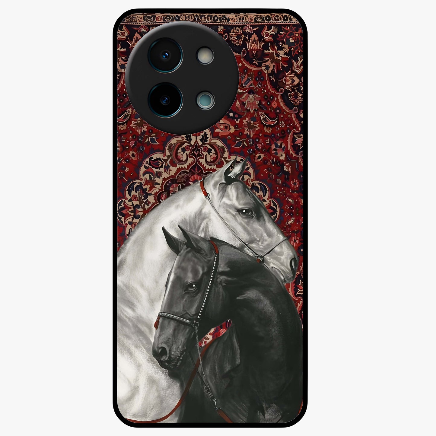 Regal Stallion Tapestry Glass Case showing flat back view with majestic horse tapestry artwork and glossy glass finish.