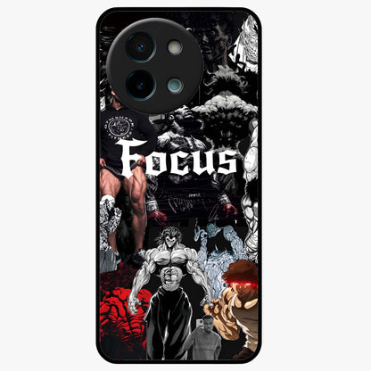 Relentless Power Focus Glass Case showing flat back view with motivational typography artwork and glossy glass finish.