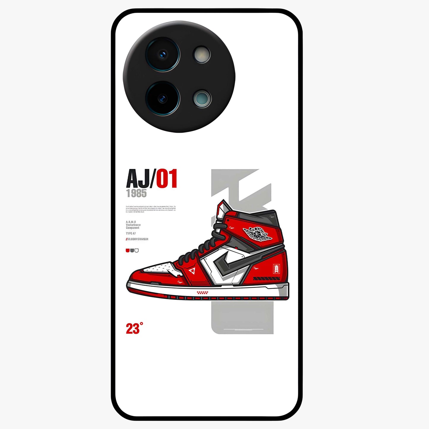 Retro Sneaker Blueprint Glass Case showing flat back view with sneaker blueprint style artwork and glossy glass finish.