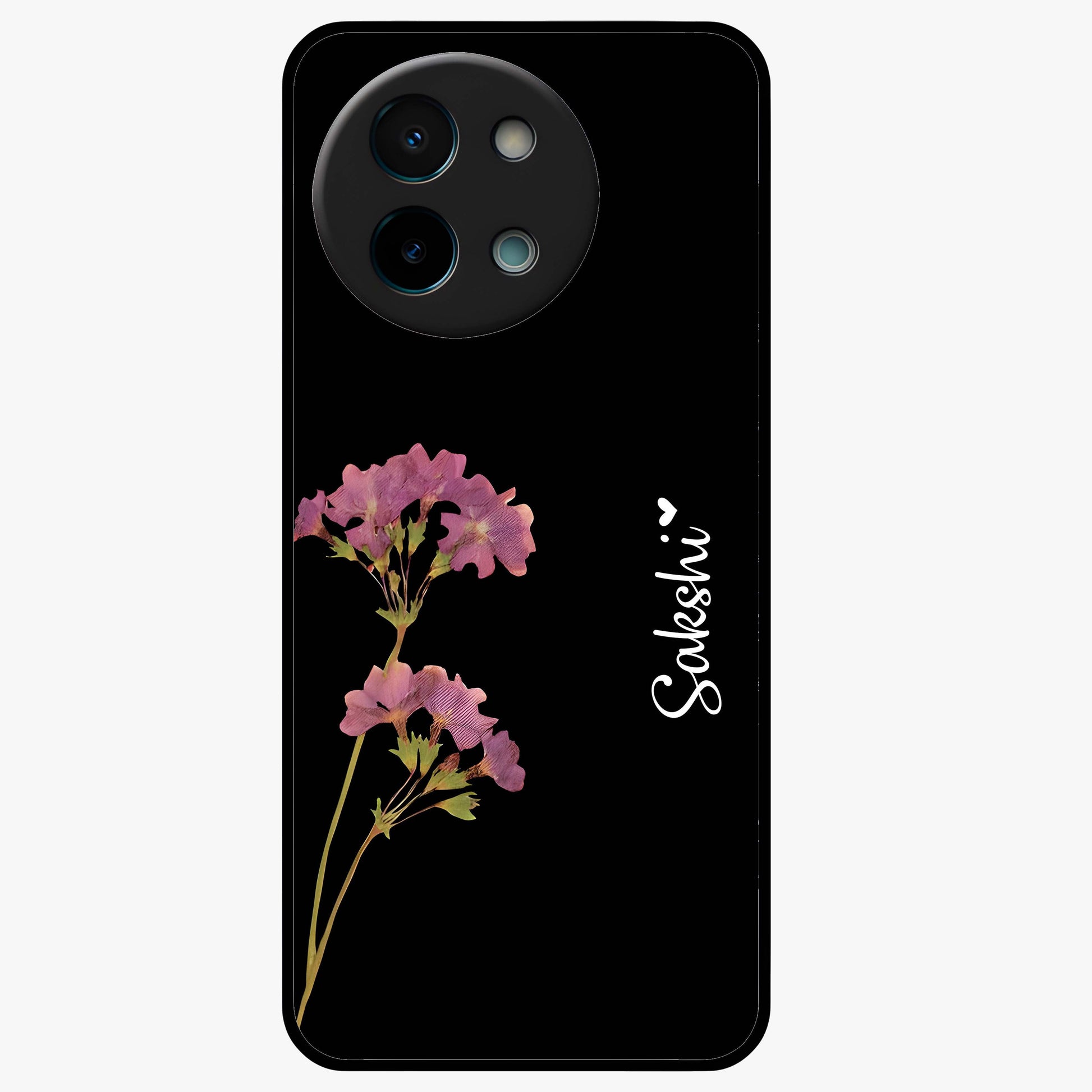 Riching Lavender Flower Custom Name Glass Case showing flat back view with lavender floral artwork and personalized name design.