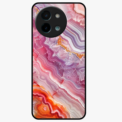 Rose Quartz Marble Glass Case showing flat back view with pink marble quartz texture artwork and glossy glass finish.