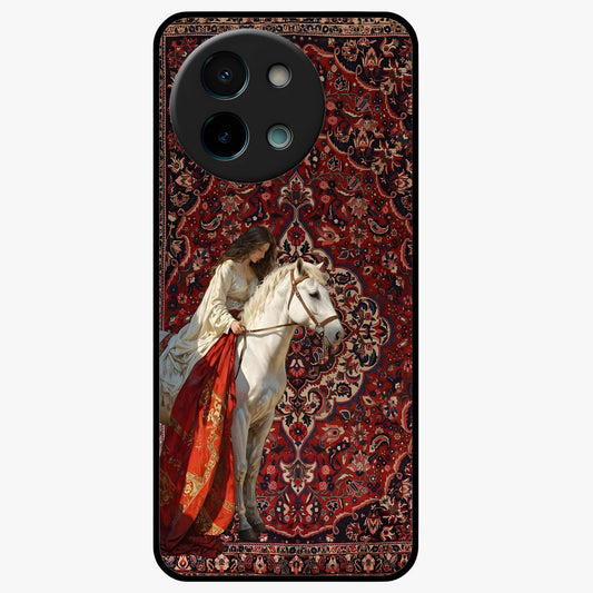 Royal Rider Tapestry Glass Case showing flat back view with majestic horse rider tapestry artwork and glossy glass finish.
